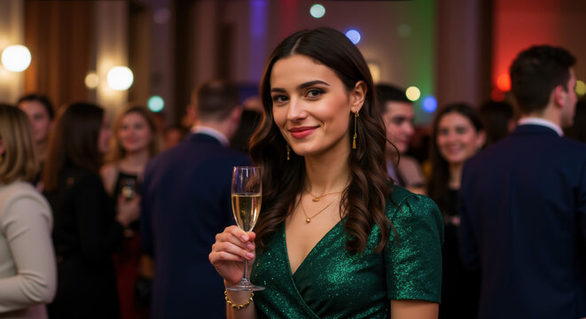 Woman in green sparkly dress holding champagne glass at formal event with bokeh lights in background. Elegant celebration setting for holiday party advertising and luxury event marketing