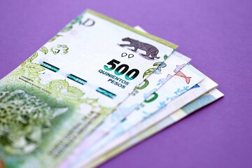 Argentine pesos money bills in big amount lies on purple color table close up
