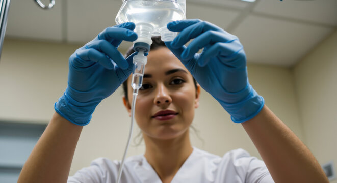 Young nurse with blue gloves checking intravenous drip bag in hospital room. Medical procedure essential for healthcare education materials and medical service advertising