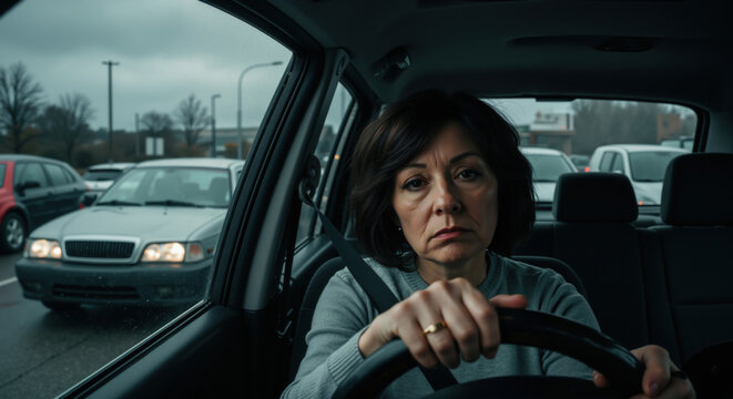 Serious middle aged woman driving car in traffic with concerned expression on cloudy day. Stressful commute concept for road safety awareness and driver stress management campaigns