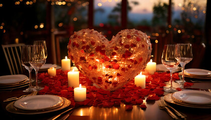 Romantic candlelit dinner setting with heart-shaped centerpiece, rose petals, and elegant tableware. Perfect for Valentine's Day, anniversary, or special occasion themes.