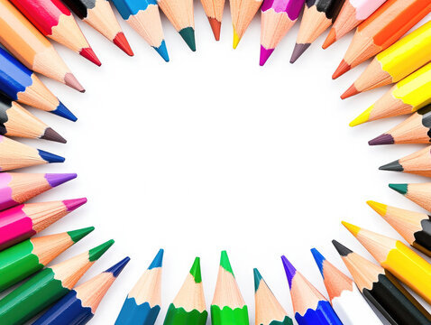 Colored pencils arranged in a circle on a white background, symbolizing creativity, learning, and artistic expression. 