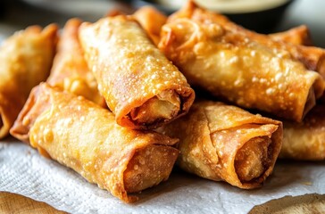 Crispy Fried Spring Rolls with Golden Brown Shells and Delicious Filling Served on Paper Towels at an Asian Cuisine Restaurant