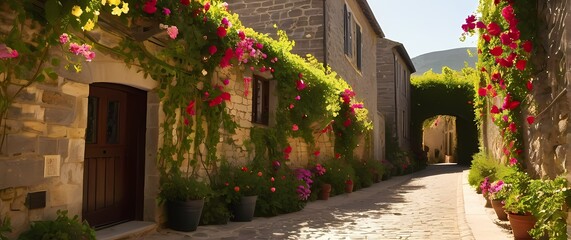 Naklejka premium Sun dappled narrow village alleys lined with bright blooming vines and flowers climbing stone walls. Extremely detailed high resolution illustration.