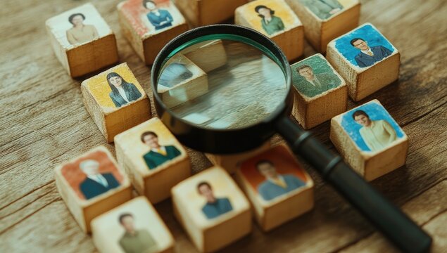 Wooden blocks with portraits, magnifying glass (1)