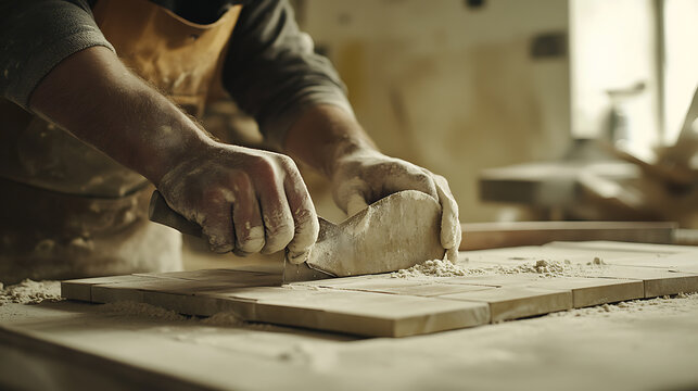 Carpenter Sanding Wood in Workshop
