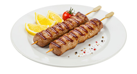 Isolated Grilled Souvlaki Skewers with Lemon