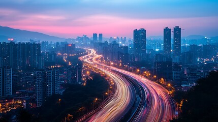 Urban Nightscape with City Lights and Traffic Flowing on Highway During Twilight Hours