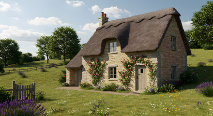Obraz premium Idyllic Thatched Cottage In Picturesque Rural Setting On A Summer Day