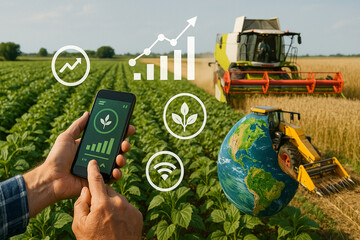 Modern farmer using smartphone to control harvest