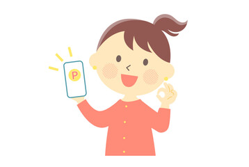 スマホでポイントをもらってOKポーズをしている女性