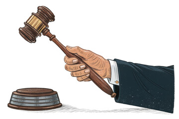 Judge's Hand Holding Gavel Making a Decision Isolated on Transparent Background.