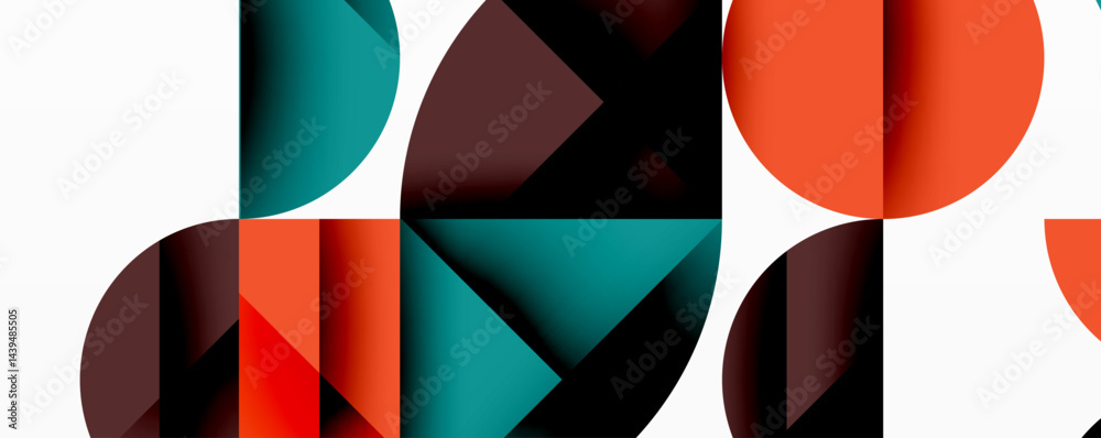 Poster abstract geometric composition. circles, squares overlap creating modern design. teal, orange, maroo