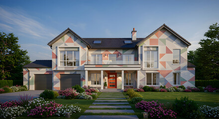 Geometric Facade House with Modern Design and Blooming Garden View