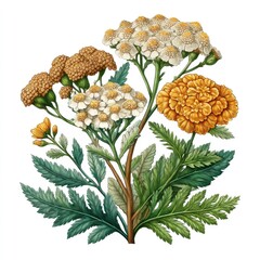 Detailed Botanical Illustration of Yellow White and Brown Flowers