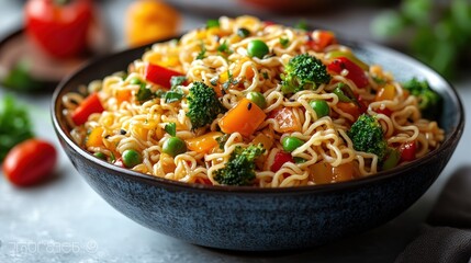 Vibrant bowl of stir-fried noodles with colorful vegetables