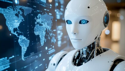 Humanoid Robot with Digital World Map Display - AI and Future Technology Concept