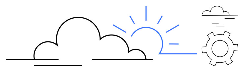 Cloud with sunrise and gear icon suggesting a blend of nature and technology. Ideal for innovation, cloud computing, environment, weather apps, technology, sustainability, simple landing page