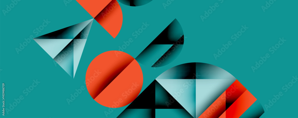 Aufkleber Abstract geometric shapes overlap, creating dynamic composition. Teal background highlights orange, gray, black elements. Modern design.