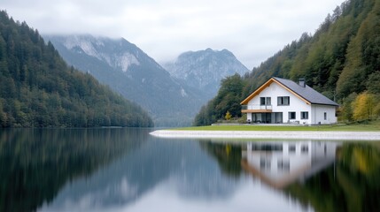 Naklejka premium Modern lakefront home nestled in mountains