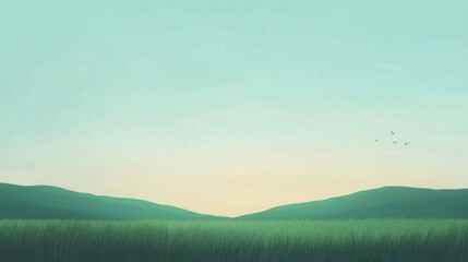 Fototapeta premium Serene, grassy valley stretches beneath a tranquil sky.