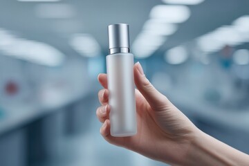 Hand holding sleek, minimalistic skincare bottle in modern labor