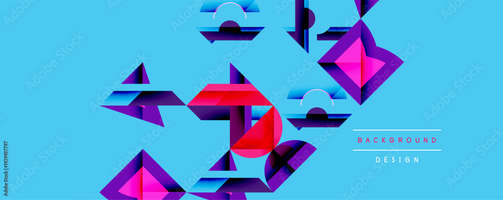 Aufkleber Abstract geometric shapes float over bright blue backdrop. Vivid pinks, purples, reds create dynamic composition. Modern design element.