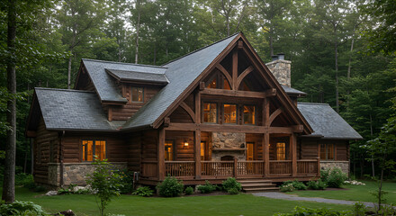 Stunning Log Cabin Home Amidst Serene Forest Landscape At Twilight