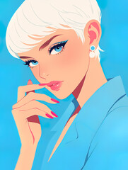 stylish woman with short, wavy platinum blonde hair. She has striking blue eyes and wears large, circular earrings that add a touch of elegance to her look. 