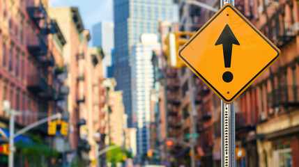 A yellow traffic sign with a black upward arrow and exclamation mark stands out against a backdrop of tall, blurred city buildings. The sign warns of upcoming changes in the road or traffic conditions