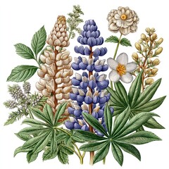 Fototapeta premium Vibrant Purple and Blue Lupine Bouquet Botanical Illustration