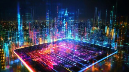 Vibrant digital cityscape neon lights futuristic smart city technology innovation data glow urban