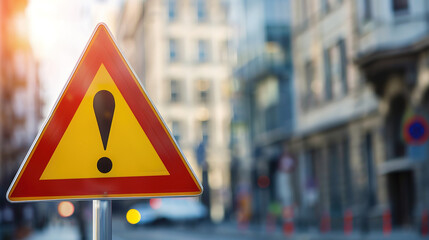 A yellow traffic sign with a black upward arrow and exclamation mark stands out against a backdrop of tall, blurred city buildings. The sign warns of upcoming changes in the road or traffic conditions