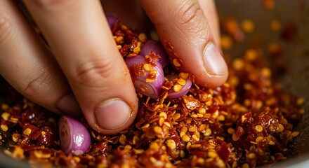 Close-up of Hands Crushing Red Chili Peppers and Shallots for Spicy Paste