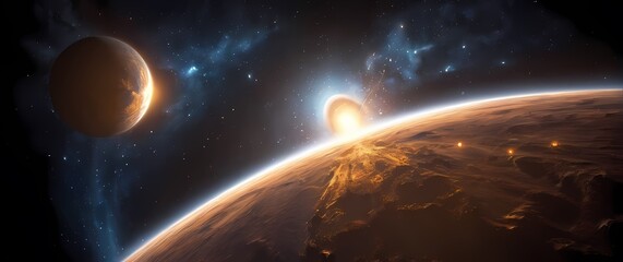 Scientific illustrations demonstrating warpings of space time fabric around massive celestial bodies in motion. Extremely detailed high resolution illustration.