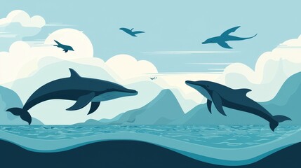 Obraz premium Majestic marine mammals leaping in a serene ocean scene.
