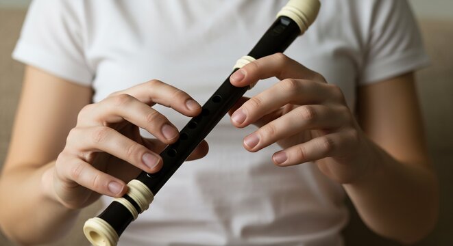 Close-up of a Young Person's Hands Playing a Black and Cream Recorder Flute
