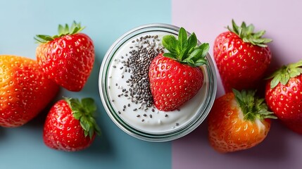 Bowl of yogurt with strawberries on top. The strawberries are fresh and ripe, and they are arranged in a way that makes them look like they are floating on top of the yogurt