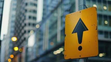 A yellow traffic sign with a black upward arrow and exclamation mark stands out against a backdrop of tall, blurred city buildings. The sign warns of upcoming changes in the road or traffic conditions