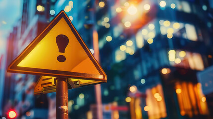 A yellow traffic sign with a black upward arrow and exclamation mark stands out against a backdrop of tall, blurred city buildings. The sign warns of upcoming changes in the road or traffic conditions