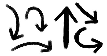 Childish Hand Drawn Arrows. Infantile Style Black Pencil-Like Pointer. No Background. Doodle Style Sloppy Arrows. Set of Pointer of Irregular Shape.	
