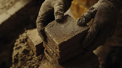 Hands Molding Clay Bricks in Construction