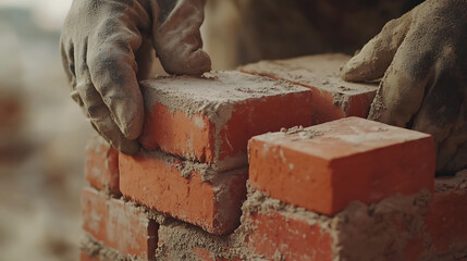 Bricklayer Laying Red Bricks with Mortar