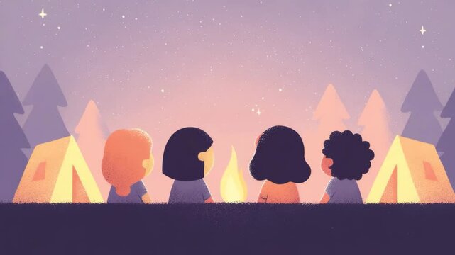 Four kids sit around a campfire under a starry sky at night, sharing stories in a forest campsite &ndash; concept of friendship, childhood, and outdoor adventure.