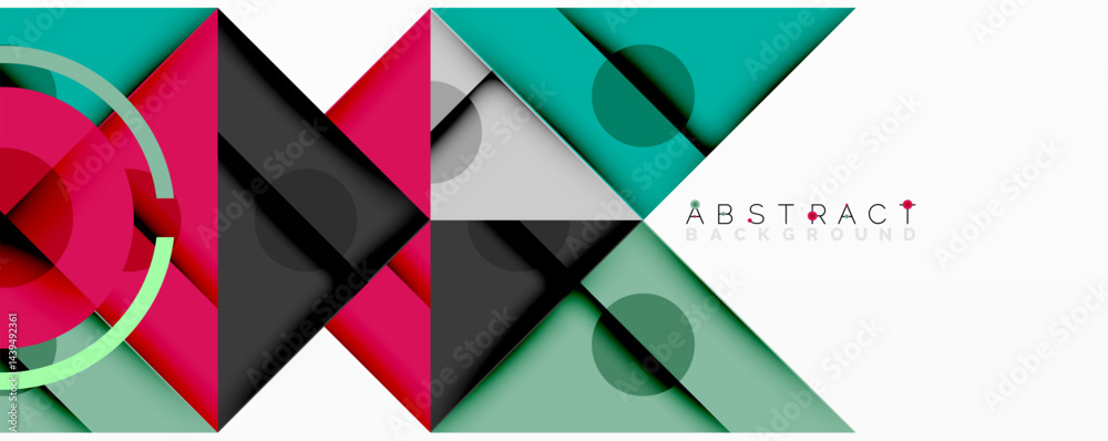 Poster Geometric shapes overlap, creating dynamic abstract composition. Vivid colors contrast against white space. Modern design elements present.