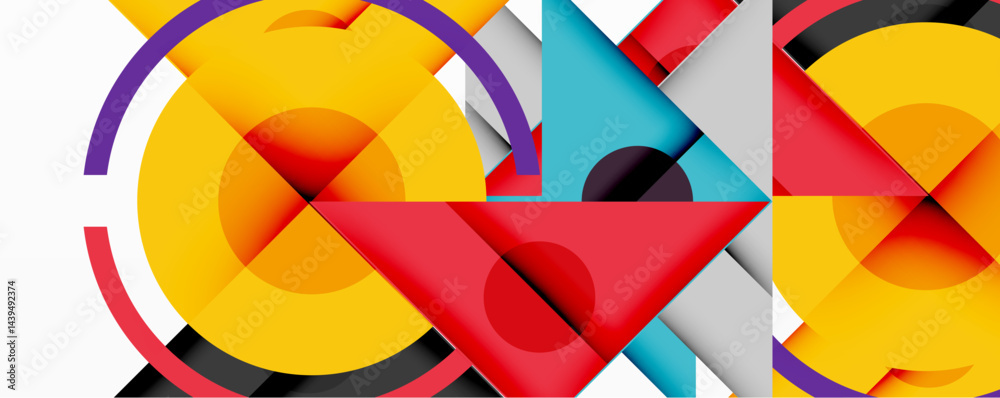 Poster abstract geometric composition. overlapping circles, triangles, squares create vibrant colorful desi