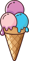 Adorable Kawaii Ice Cream Cone Vector Illustration Featuring Three Smiling Scoops, Colorful Pastel Sprinkles, and Detailed Waffle Cone – Perfect for Summer Themes, Children’s Art, and Sweet Graphics