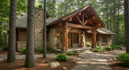 Elegant Stone House Surrounded by Lush Forest Trees in Nature Retreat