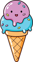 Adorable Kawaii Ice Cream Cone Vector Illustration Featuring Three Smiling Scoops, Colorful Pastel Sprinkles, and Detailed Waffle Cone – Perfect for Summer Themes, Children’s Art, and Sweet Graphics