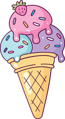 Adorable Kawaii Ice Cream Cone Vector Illustration Featuring Three Smiling Scoops, Colorful Pastel Sprinkles, and Detailed Waffle Cone – Perfect for Summer Themes, Children’s Art, and Sweet Graphics